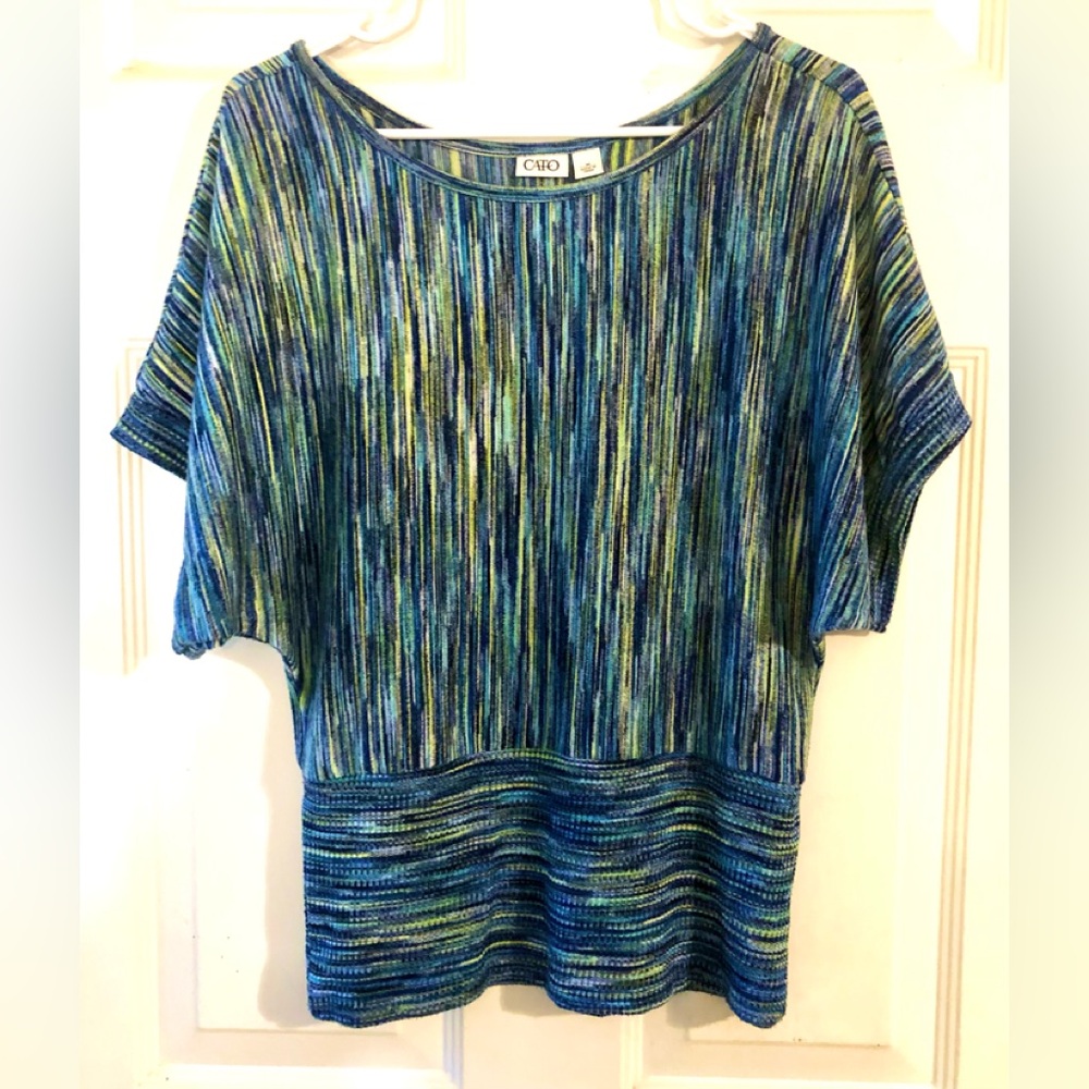 Cato Blue Chartreuse Green Marled Colors Short Sleeve Poly Knit Sweater Medium